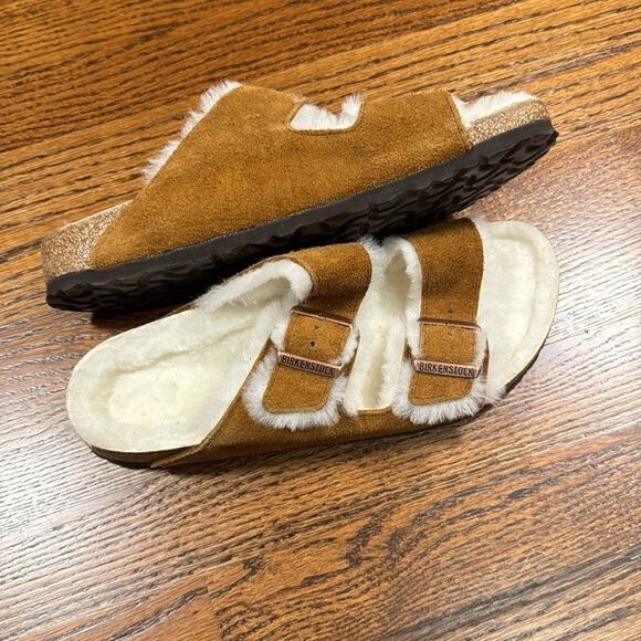 Birkenstock, Arizona Shearling & Suede Slides Mink Natural  display picture 1